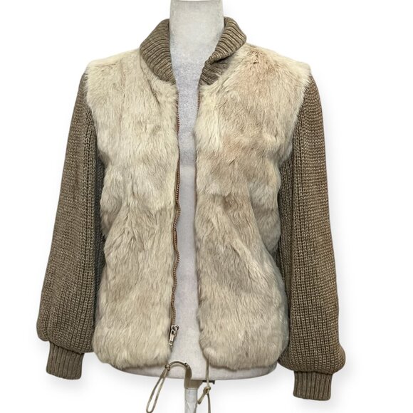 Élan Rabbit Fur Knit Bomber Jacket Sz S Korea 100% French Rabbit Hair Tan Wool - Picture 2 of 12